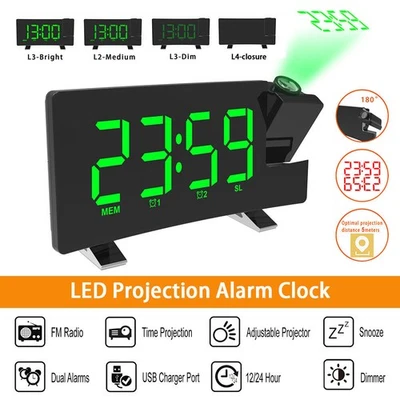 LED FM Radiowecker mit Projektion Digital Funkuhr Dimmbar Tischuhr Alarm USB DE - Bild 1 von 4
