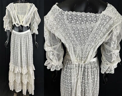 Викторианский белый Net тамбур кружева цепочка стежок вышивка лиф юбка платье винтажный - Изображение 1 из 4