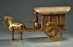 10.4" Old Chinese Dynasty Copper Gild Inlay Gem Horse Drawn Carriage Statue - Picture 1 of 9