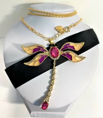 BETSEY JOHNSON HAPPY LARGE PURPLE & BEIGE DRAGONFLY GOLD & CRYSTAL PENDANT - Image 1 of 4