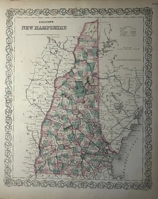 1870 Colton's New Hampshire Hand Coloured Original Antique Map 17" x 14" - Image 1 of 3