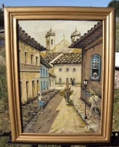 Antigua pintura al óleo escena callejera de Brasil marco dorado firmado calidad museo - Imagen 1 de 6