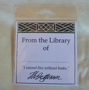 Sealed Pkge 6 Bookplates T Jefferson From the Library of I Cannot Live w/o Books - Picture 1 of 5