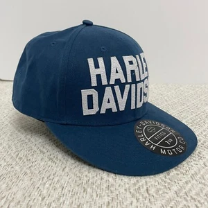 Harley Davidson Mens Fitted 7 5/8 Baseball Cap Blue Large Spellout NWT - Picture 1 of 9