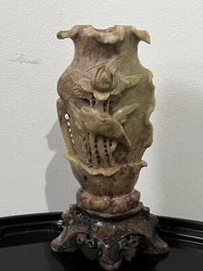 Chinese Hand Carved Antique Floral SOAP STONE Footed Vase with Stand - Picture 1 of 3