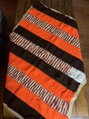 复古阿富汗波西米亚钩针编织针织毯手工橙色条纹地球色调 — 第 1/4 张图片