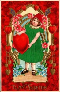 TO MY VALENTINE - GIRL & HEARTS - EMBOSSED HOLIDAY POSTCARD - Picture 1 of 2