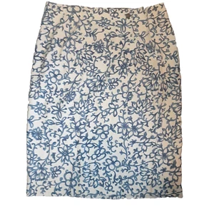 Vintage Bajo Azul Crema Floral Falda 32" Cintura Mezcla Lino 26" Largo - Imagen 1 de 4