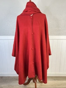 Vtg Peru Red Fringed Poncho Cape with Scarf OSFA Alpaca Wool Glam Romantic - Picture 1 of 11