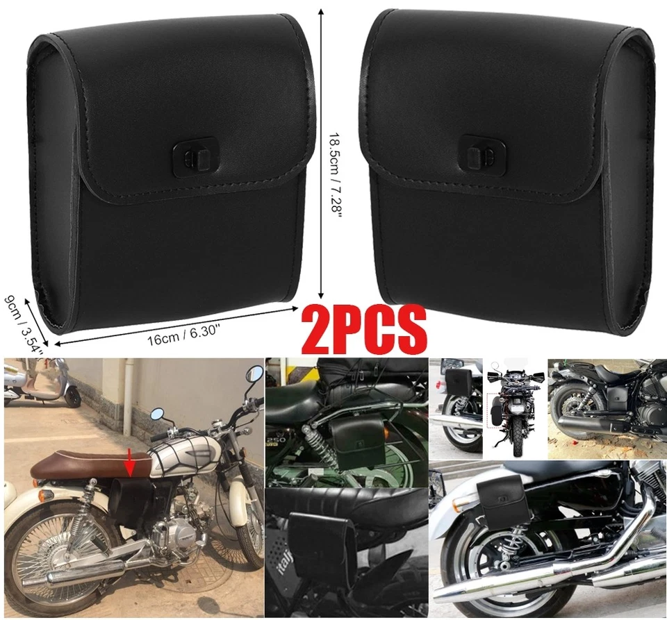 2 件黑色皮革摩托车侧工具袋存储鞍座行李箱包通用 — 第 1/4 张图片