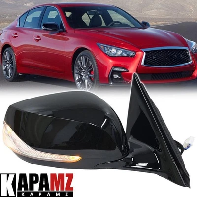 Right Side Mirror For Infiniti Q50 2014-2019 2020 2021 Turn Signal Gloss Black - Изображение 1 из 4