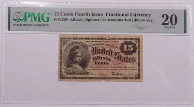 15 Cents Fourth Issue Fractional Currency Fr 1268 PMG VF 20 Ink Burn - Image 1 of 4