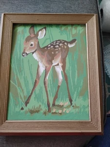 Vintage Malen nach Zahlen Fertig Rehkitz 8 x 10 Kunststoffrahmen - Bild 1 von 3