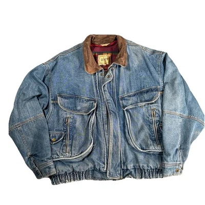 Vintage Levis Jacket Men’s SZ XL Denim Westernwear Aztec Lined Leather Collar - Image 1 of 4