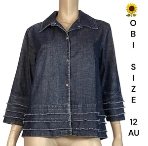 🌻OBI NEW ZEALAND BLUE DENIM SWING JACKET SIZE 12 WITH FRAYED TRIM - Picture 1 of 9