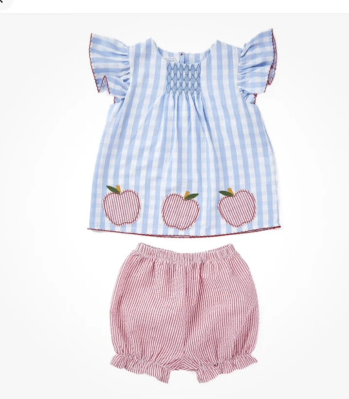 Conjunto de Top y Pantalones Cortos Mud Pie Bordados Azul Cuadros Escuela Manzana Talla 4-5 Foto 1 de 3