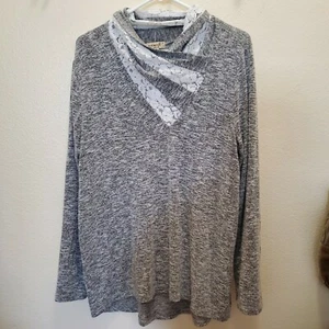 One World Lace Wrap Cowl Neck Top Size Small Grey/White Lace Long-sleeve  - Picture 1 of 7