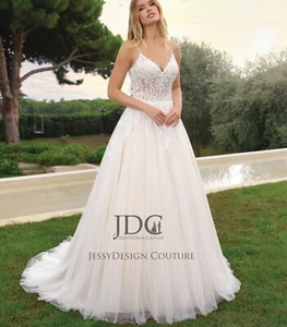 2025 Illusion perle pizzo abito da sposa abito da sposa 32-46 n.misura spalline avorio - Foto 1 di 4