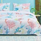 Coastal Quilt Set Queen Blue Pink White Beach Theme Reversible Bedding Cover