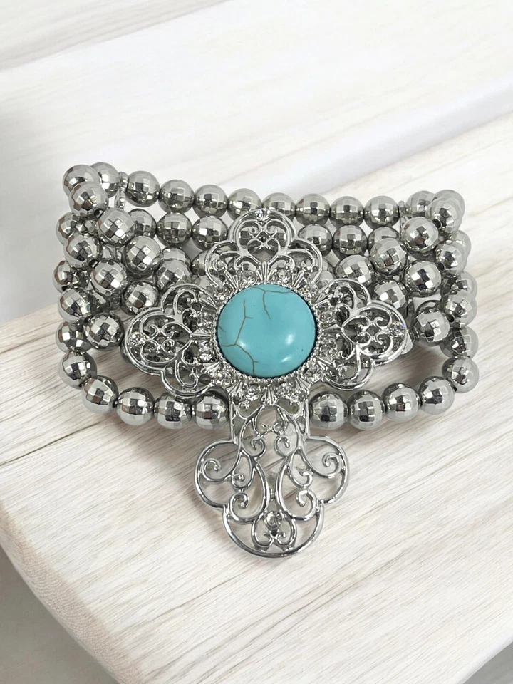 Silver Ball Bead Layered Stretch Bracelet with Filigree Cross & Blue Stone Foto 1 de 1