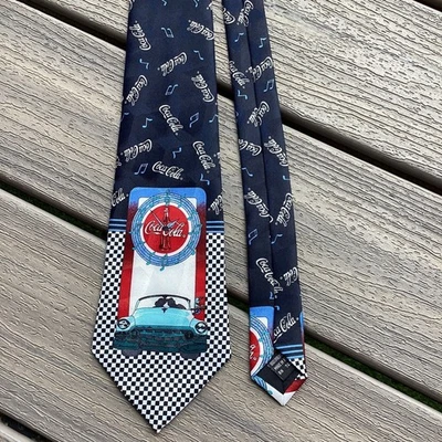 Coca Cola Mens Necktie Vintage Classic Car Retro Music Notes Navy Blue Novelty - Image 1 of 4