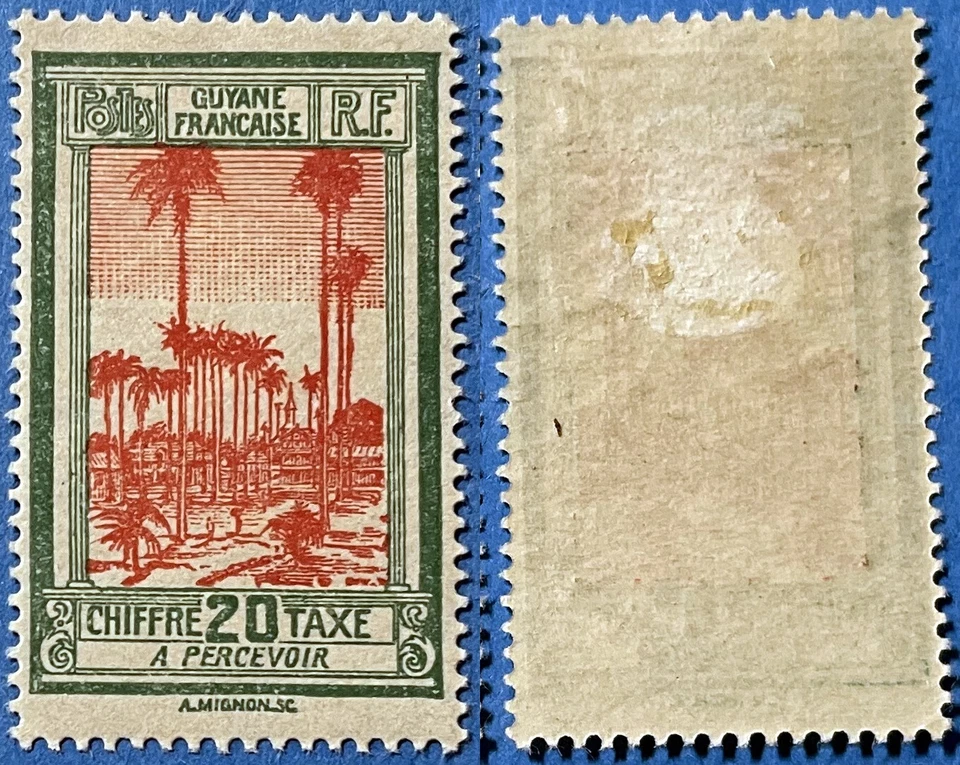 French Guiana 1929 20c Postage Due Palm trees Sc-J15 Green-Rose red MLH OG #Br10 - Image 1 of 1
