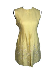 Vtg 60s 70s Mini Dress Hand Made Mod DAISY Applique Pleats Yellow S XS 4 6 - Picture 1 of 12