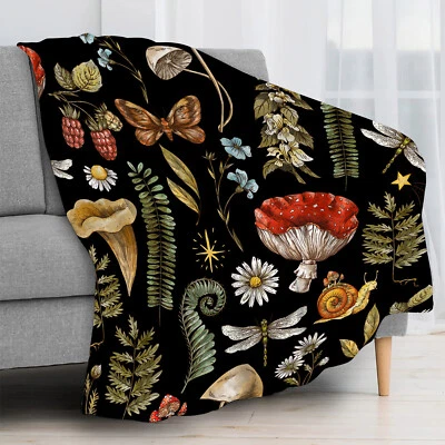 Black Plant Leaf Floral Red Mushroom Throw Blanket for Couch Bed Sofa Office - Image 1 of 4