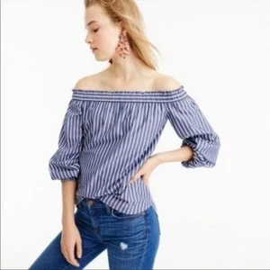J.CREW Size 4 Off The Shoulder Blue Stripe Relaxed Fit Elastic Preppy Blouse - Picture 1 of 7