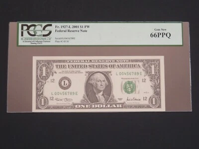 2001 - $1 FEDERAL RESERVE (L) -LADDER S/N -RARE -  PCGS GEM NEW  NEW 66 PPQ - Image 1 of 2