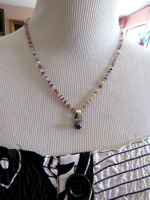 Solid 18K White Gold Pearl/Diamonds Pendant w/ Precious Multi Gem Necklace 19.5" - Image 1 of 4