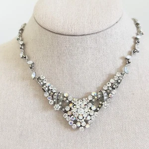 Vintage Clear & Aurora Borealis AB Crystal Rhinestone Glam Silver Tone Necklace - Picture 1 of 11