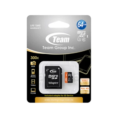 TEAM 64GB MICRO SDXC CLASS 10 FLASH CARD WITH ADAPTER - BLACK - TUSDX64GUHS03 - Image 1 of 4