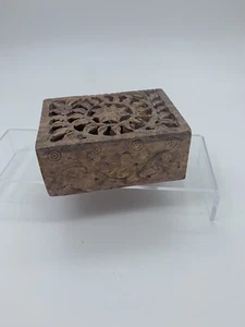Soapstone Jewelry Trinket Gift Carved Sun Box Made in India Grey Hinged Lid - Picture 1 of 15