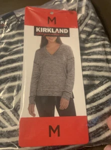 Kirkland Black Striped, Long Sleeve, V-Neck Shirt Relaxed Fit Size M - Picture 1 of 2