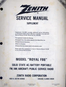 Zenith Service Manual Supplement Model Royal F86 Multiband Radio PFAX55 - Bild 1 von 1