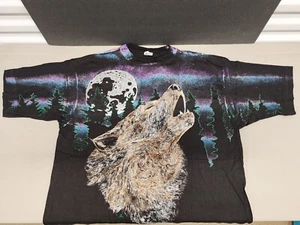 T-shirt nera vintage 1994 American Moon Wolf stampa all over taglia XL - Foto 1 di 12
