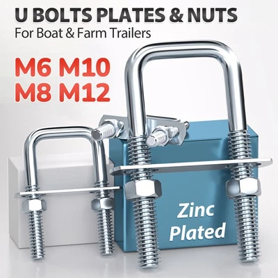 Square U Bolts Nuts & Back Plates Zinc Plated U-Bolt For Car Boat Farm Trailers - image 1 of 4