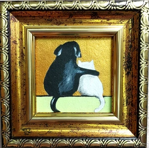 Weiße Katze und schwarzer Hund Gemälde Gerahmt Original Kunst Сat und Hund Gemalt Kunst - Bild 1 von 10