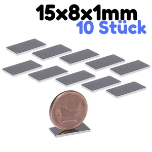 10 Neodym Magnet N52 Quader 15x8x1mm Quadermagnet Plättchen Flach Magnetquader - Bild 1 von 6