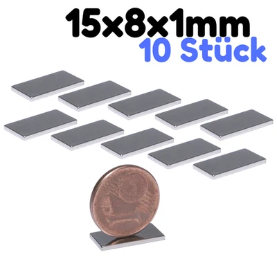 10 Neodym Magnet N52 Quader 15x8x1mm Quadermagnet Plättchen Flach Magnetquader - Bild 1 von 4