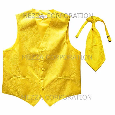 New Men's Paisley Tuxedo Vest Ascot Cravat prom party Yellow wedding formal - Image 1 of 3