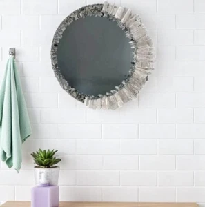 18" Handmade Selenite Wall Mirror | Crystal Gemstone Round Mirror Dressing Decor - Picture 1 of 6