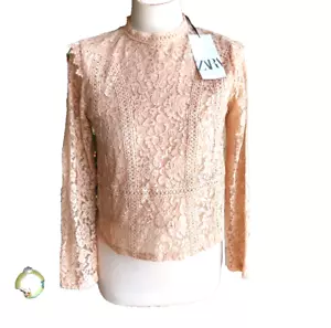 New Zara Beige Lace Embrodery Long Sleeve Top Sz S round neck lined zipper NWT - Picture 1 of 12