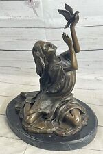 SIGNED INDIAN GIRL WITH BIRD BRONZE SCULPTURE BY MILO LOST WAX METHOD DECORATIVE