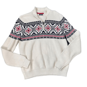 Izod Sweater Men's Large Cream Red Fair Isle chunky knit Snowflake 1/4 Zip