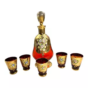 Vintage Bohemian Floral Cranberry Rot & Gold Glas Cordial Set - Bild 1 von 9