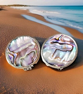 ORECCHINI CLIP ON retrò vintage 1" rotondi ABALONE CONCHIGLIA TONO ARGENTO clip - Foto 1 di 6
