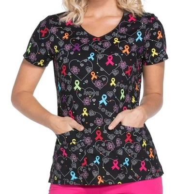 DICKIES size Large Awareness Short Sleeve V Neck Scrub Top Black Multicolor  - Image 1 of 4