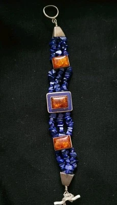 Vintage Jay King DTR .925 Sterling Silver Amber & Lapis Lazuli 7.5 Inch Bracelet - Image 1 of 4